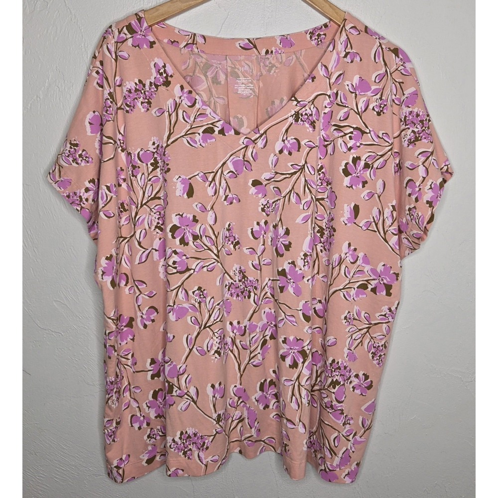 J.Jill Womens Luxe Supima Pleat Back Tee Size 2X Pink Floral V-Neck Short Sleeve